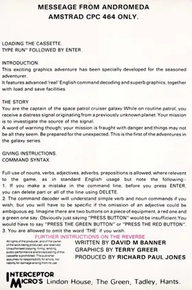 Message From Andromeda (UK) (1985) box cover back